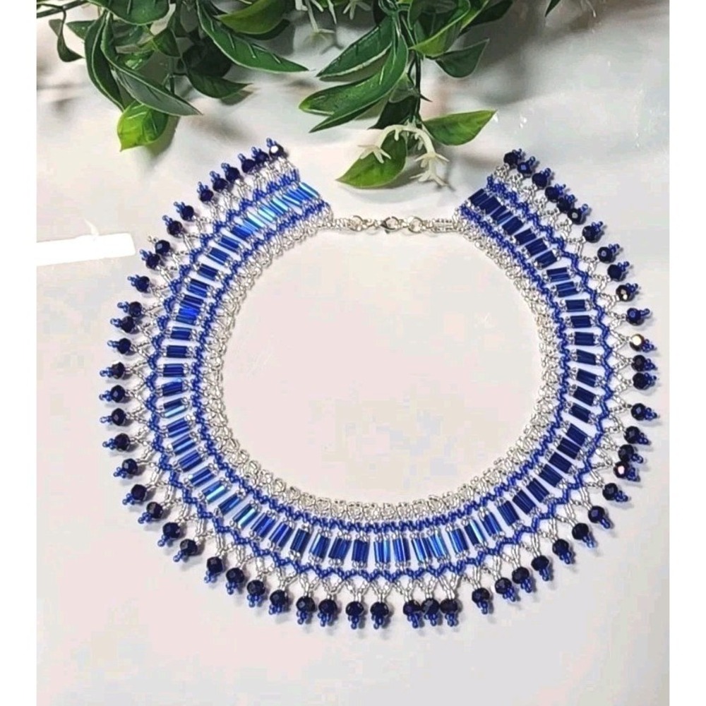 Elegant Blue Color Beaded Necklace. Long 17"